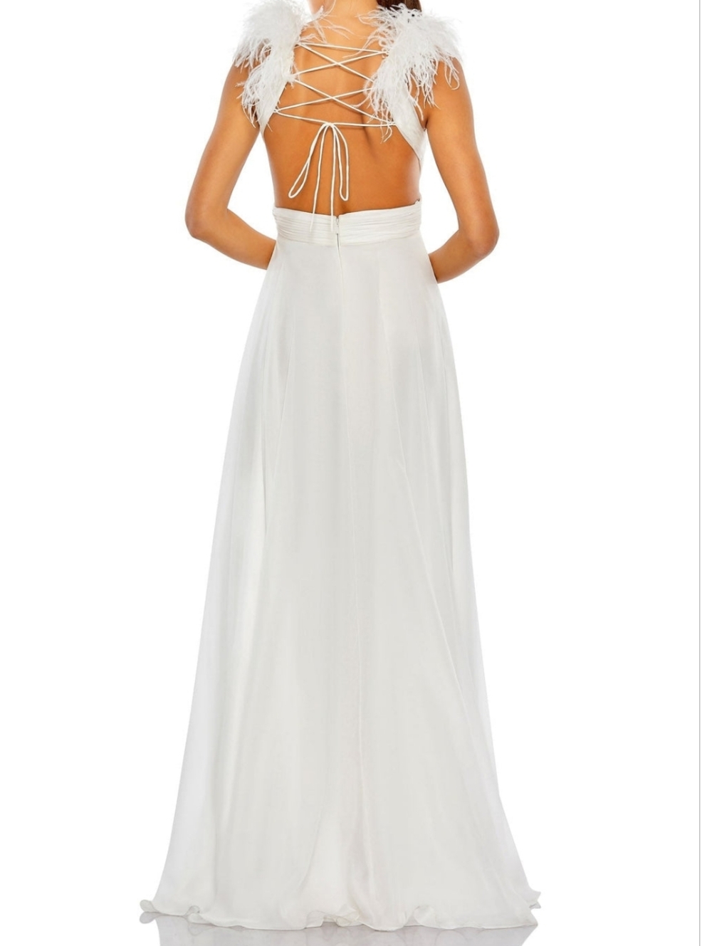 Mac Duggal 68113 White Plunge Ostrich Feather A-Line Corset Back Gown 6 NWT - Picture 3 of 16